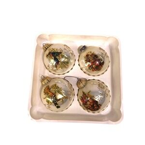 Set of 4 Hand Decorated Glass Christmas Ornaments Birds Floral Designs